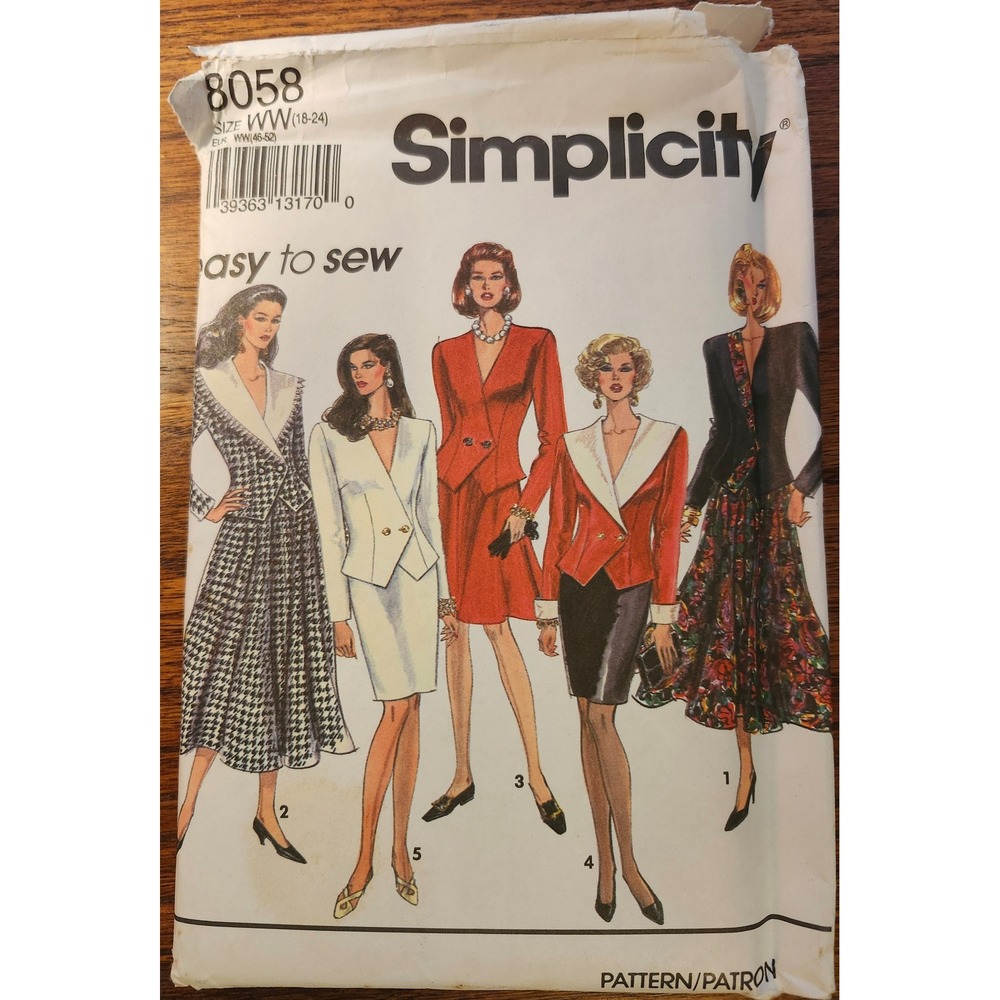 Simplicity 8058 Vintage 1992 Sewing Pattern Skirt Suit Jacket Plus Size WW 18-24